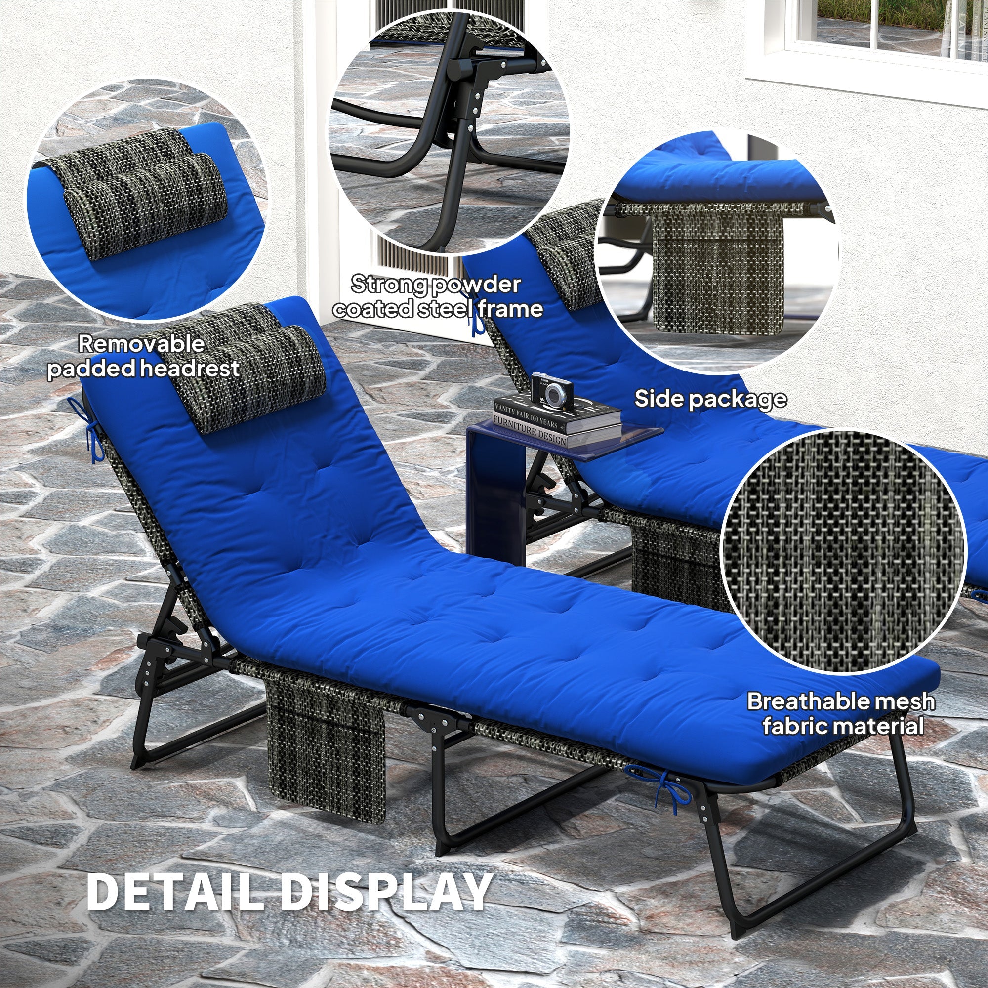 Outsunny 2 Pieces Folding Lounge Chairs with 4-level Reclining Back, Tanning Chair with Cushion, Sun Lounger with Breathable Mesh Fabric, Side Pocket, Headrest, Blue 