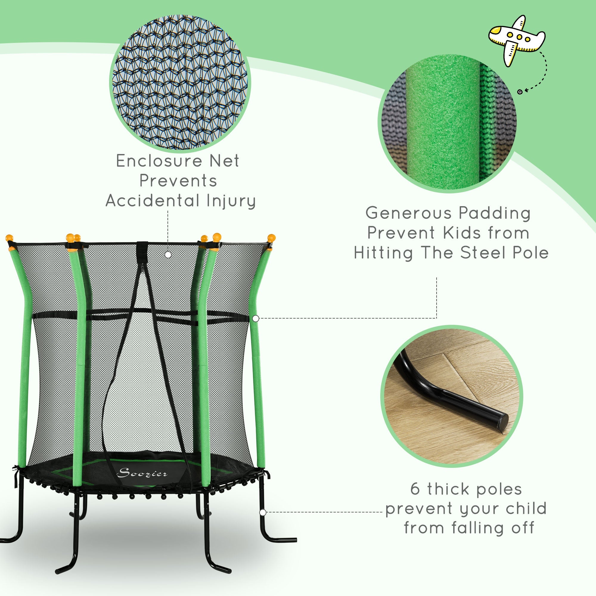 Soozier 64" Kids Trampoline Indoor/Outdoo with Enclosure Net Elastic Thick Padded Pole Gift for Ages 3-10 Years Old Green 
