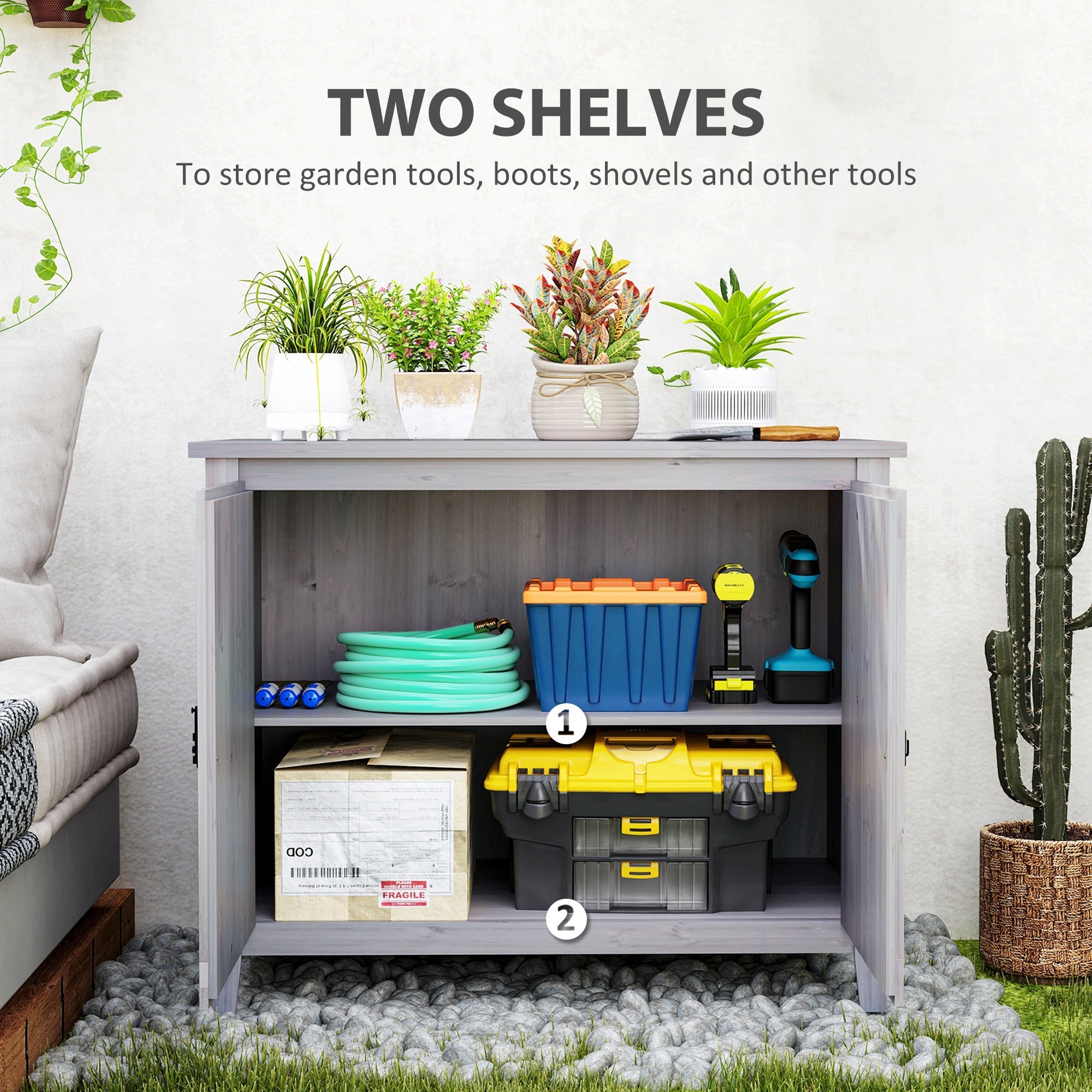 Outsunny Wooden Outdoor Storage Cabinet, Garden Shed Potting Shed with Shelf and Double Doors, Light Grey 