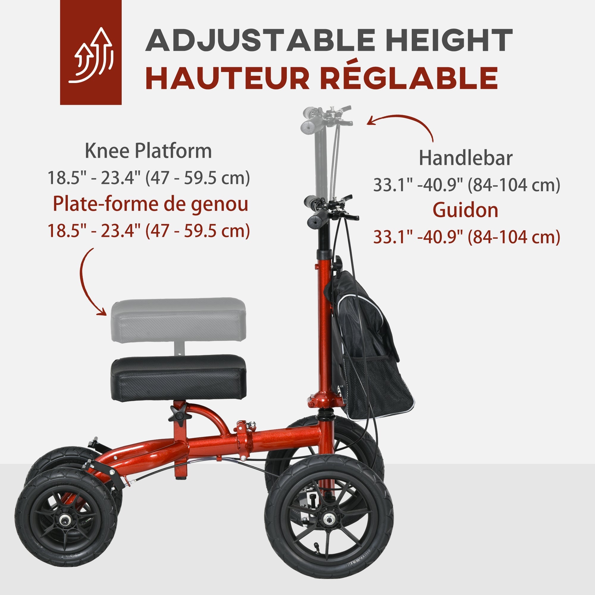 HOMCOM Adjustable Steerable Knee Walker, Foldable Knee Scooter with Rubber Wheels, Dual Brake, Crutch Alternative, Red 
