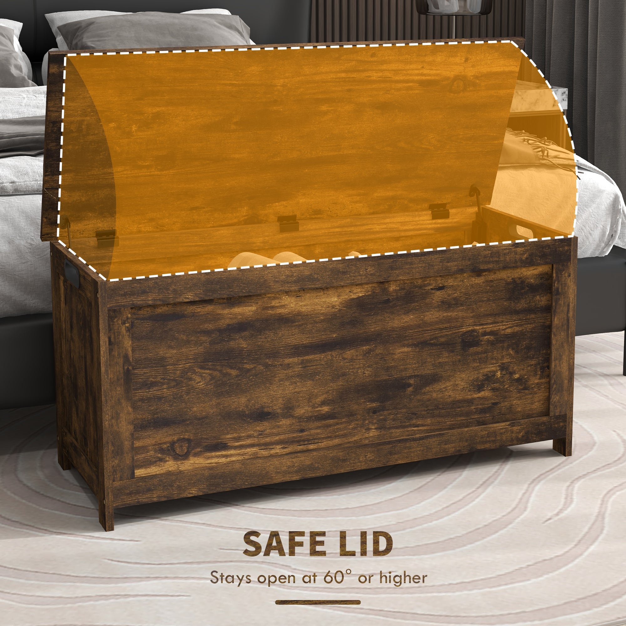 HOMCOM Storage Trunk with 2 Safety Hinges, Modern Entryway Bench with Side Handles, Storage Chest for Living Room, Rustic Brown 