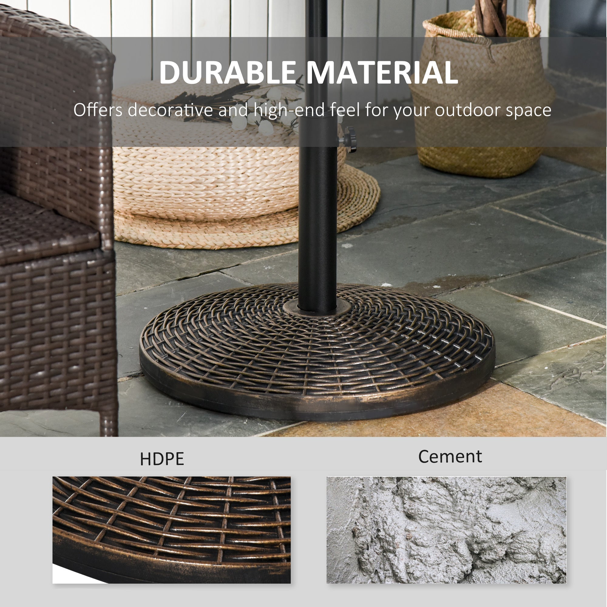 Outsunny 55 lbs Market Umbrella Base Holder 21" Heavy Duty Round Parasol Stand with Rattan Design for Patio Outdoor Backyard Bronze 