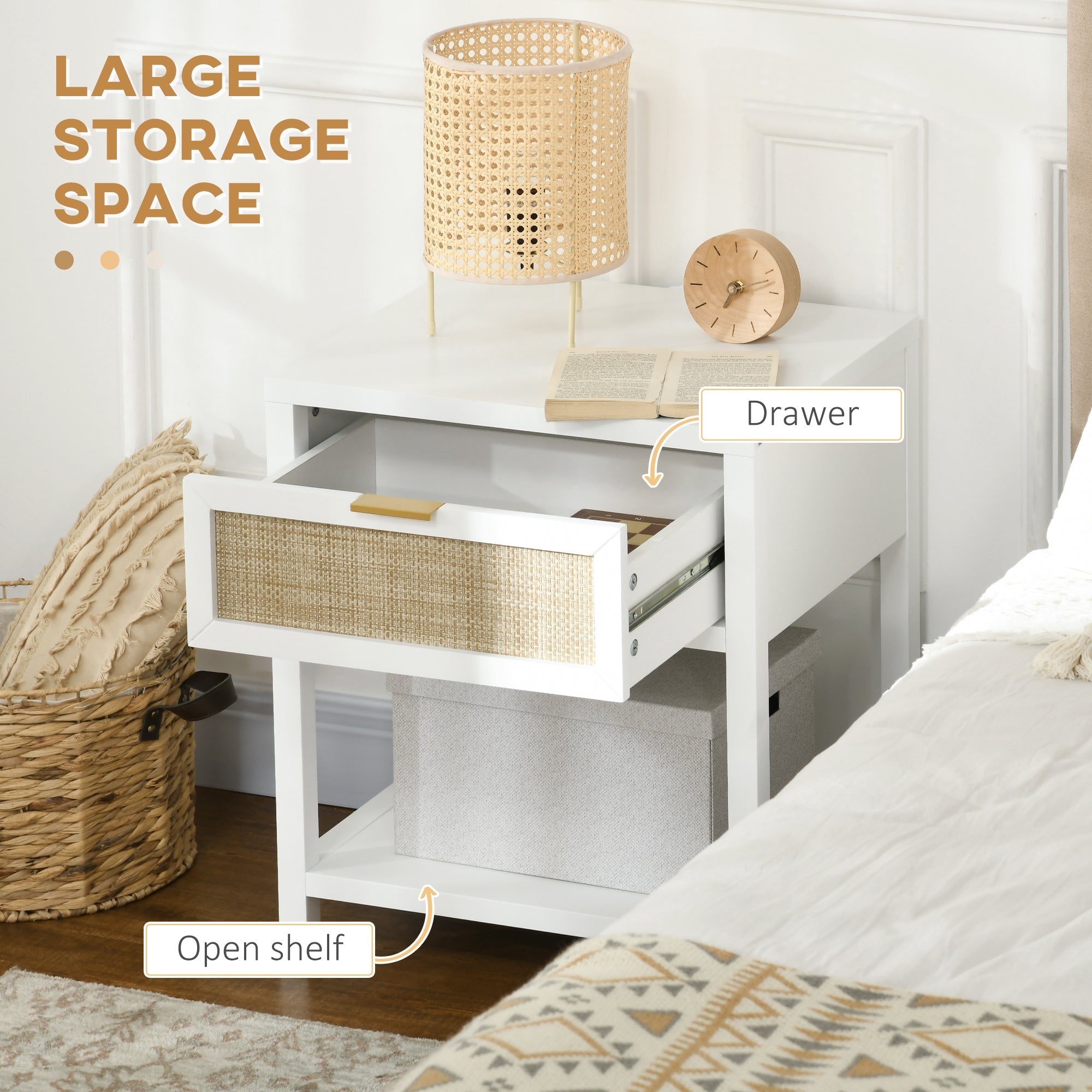 HOMCOM Rustic Retreat: Nightstand with Rattan Drawer and Open Shelf, Farmhouse Bedside Table for Bedroom and Living Room 