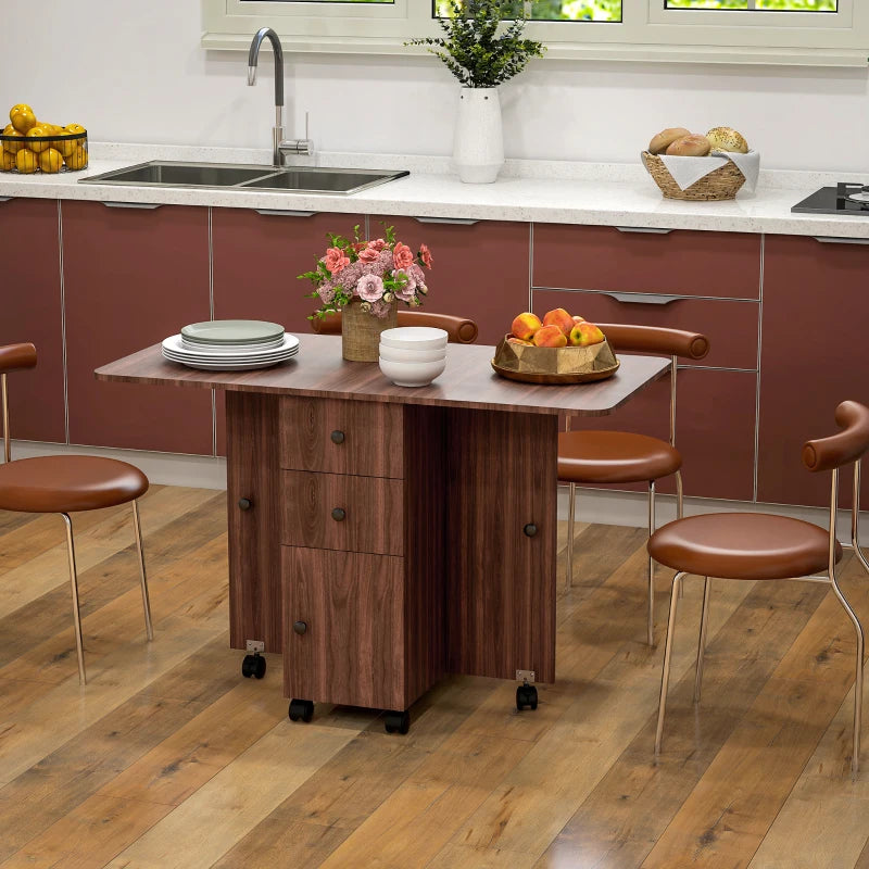 Drop Leaf Dining Table, Mobile Folding Table on Wheels with Drawers and Cabinet for Dining Room, Kitchen, Brown
