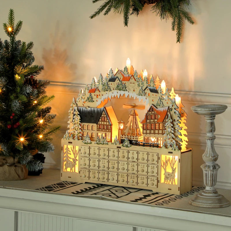 HOMCOM Wooden Christmas Advent Calendar – 24 Fillable Countdown Drawers with LED Lights, Battery Operated, Reusable 