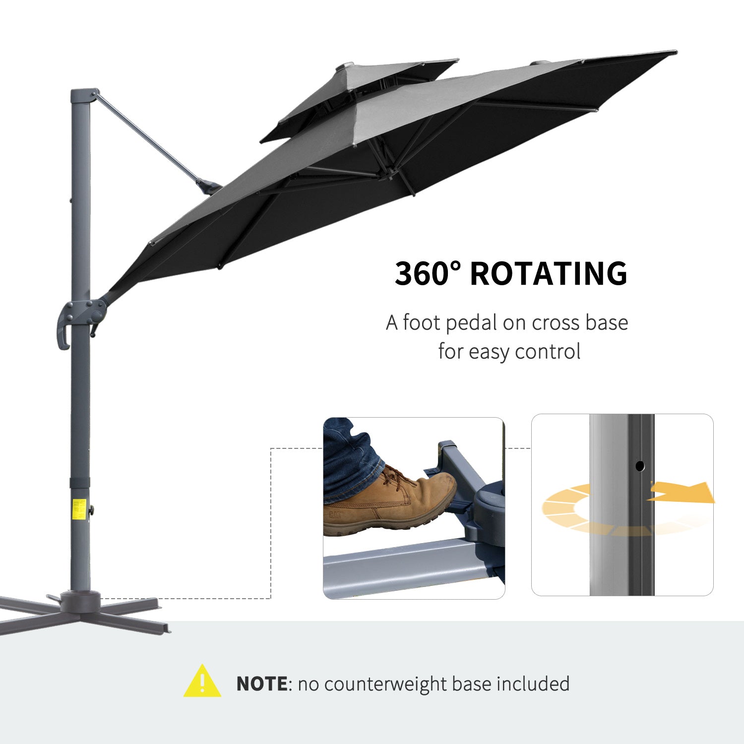 Outsunny 11ft Outdoor Cantilever Umbrella Sun Shade with Rotatable Double-top Canopy Adjustable Angle for Garden Lawn 
