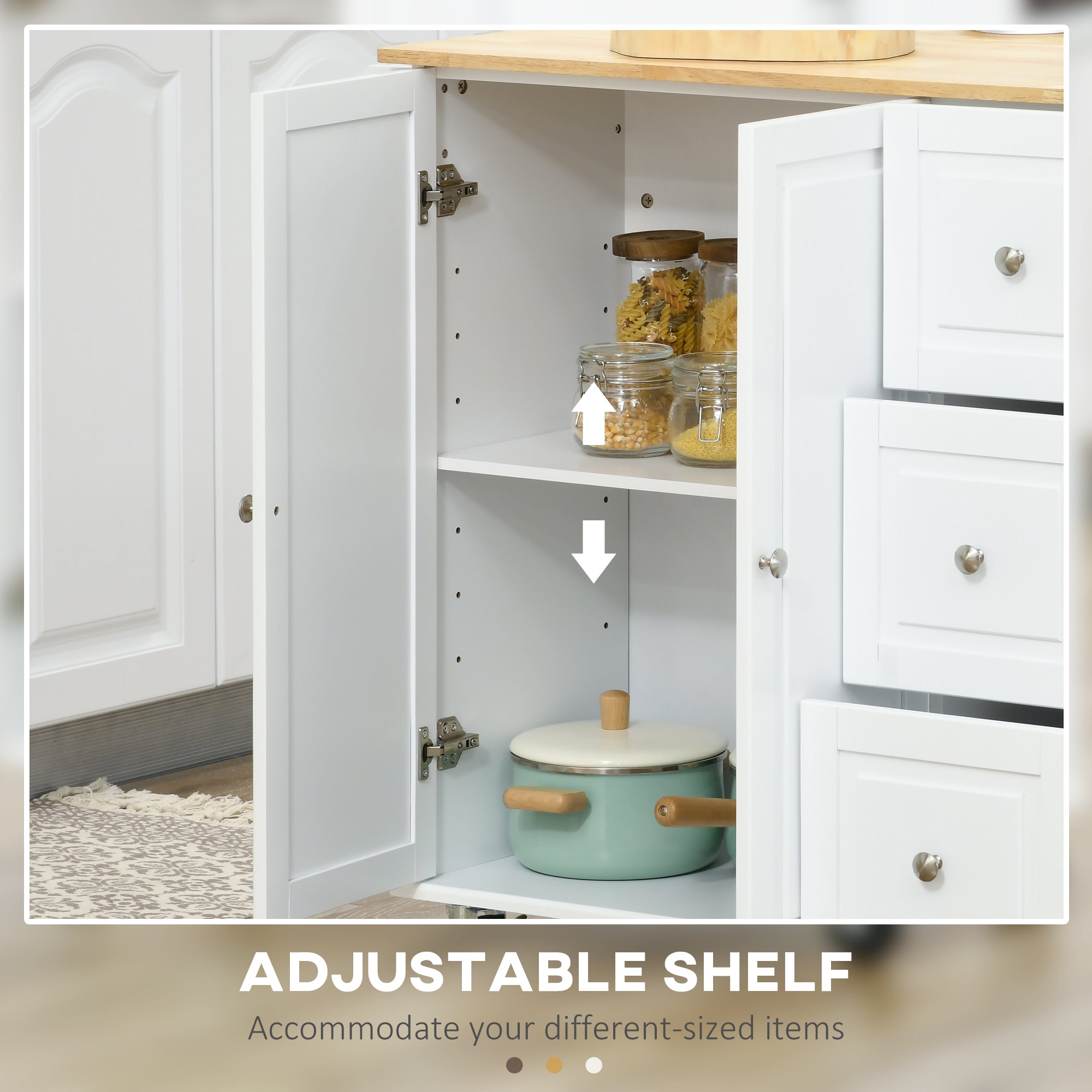 HOMCOM Rolling Kitchen Sidekick: White Island Cart with Drop Leaf, 3 Drawers, Spice Rack, Towel Rack, Natural Wood Top 