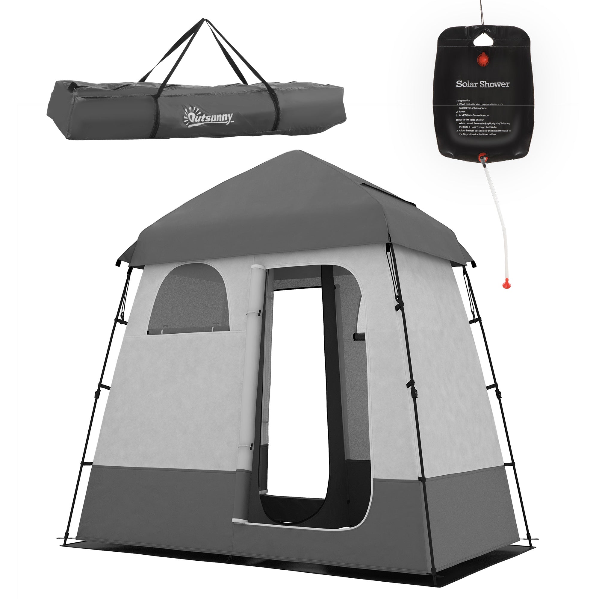 Outsunny Outdoor Portable Pop Up Shower Tent Changing Tent Privacy Enclosure with 2 Rooms, Shower Bag, Floor for Camping, Dark Grey 