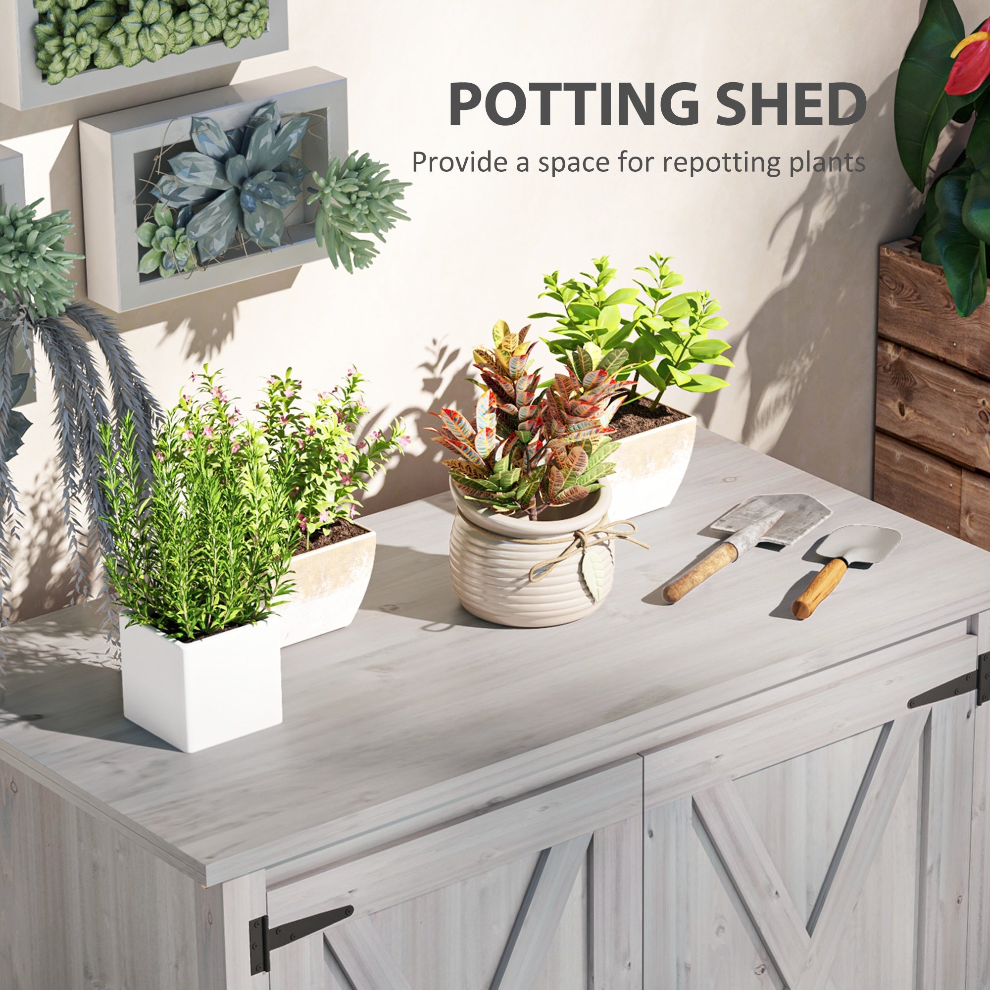 Outsunny Wooden Outdoor Storage Cabinet, Garden Shed Potting Shed with Shelf and Double Doors, Light Grey 