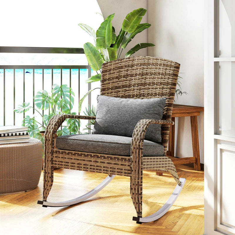 Adirondack Chair, Outdoor Wicker Rocking Chair with High Back, Seat Cushion and Pillow for Porch, Balcony, Grey/Yellow