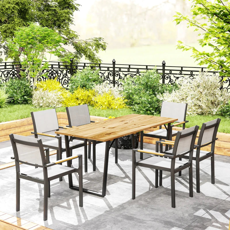 Wooden Outdoor Dining Table for 6 with 2" Umbrella Hole, Slatted Tabletop, Metal Frame, for Yard, Deck, Lawn
