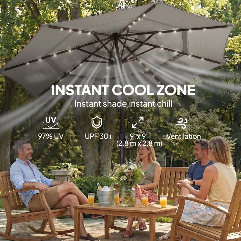 9.3 ft Patio Umbrella with Solar LED Lights, Cover, 3 Tier Outdoor Market Table Parasol with Tilt, Crank, Grey
