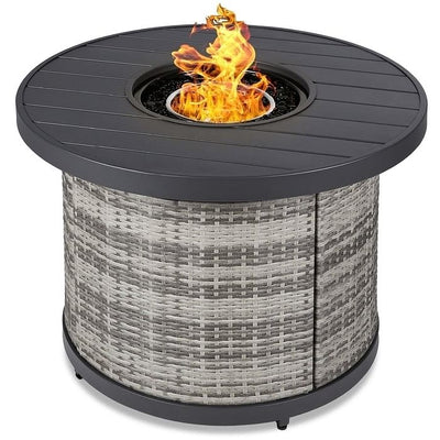 50,000 BTU Grey Wicker Round LP Gas Propane Fire Pit w/ Faux Wood Tabletop and Cover - Free Shipping 