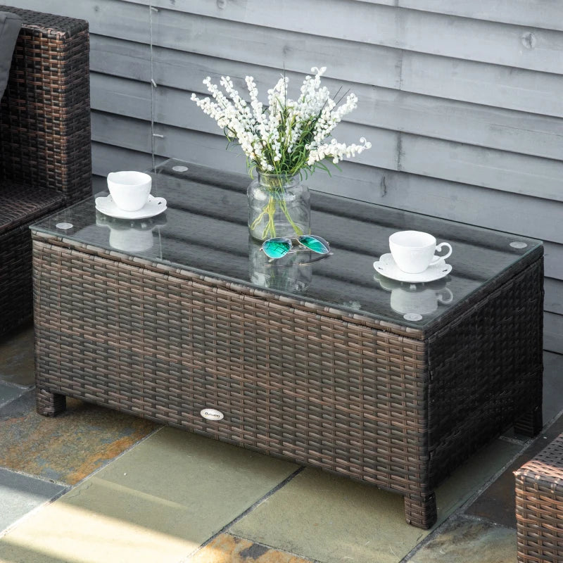 Rattan Wicker Coffee Table with Glass Top Outdoor Garden Patio Furniture Brown Tempered