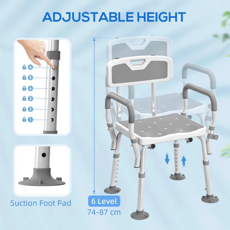 Adjustable Shower Chair with Arms Back and Padded Seat, Light Grey