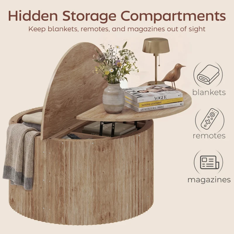 32" Round Lift-Top Coffee Table with Hidden Storage & Fluted Design – Natural Wood