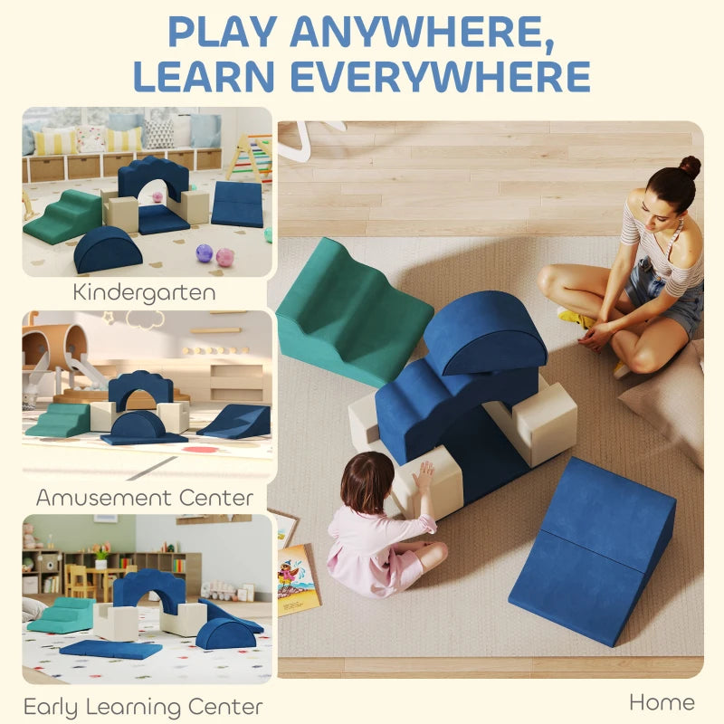 Qaba 7-Piece Baby Soft Play Set, Indoor Soft Play Gym Activity Play Set for Crawling, Sliding and Playing, Navy Blue