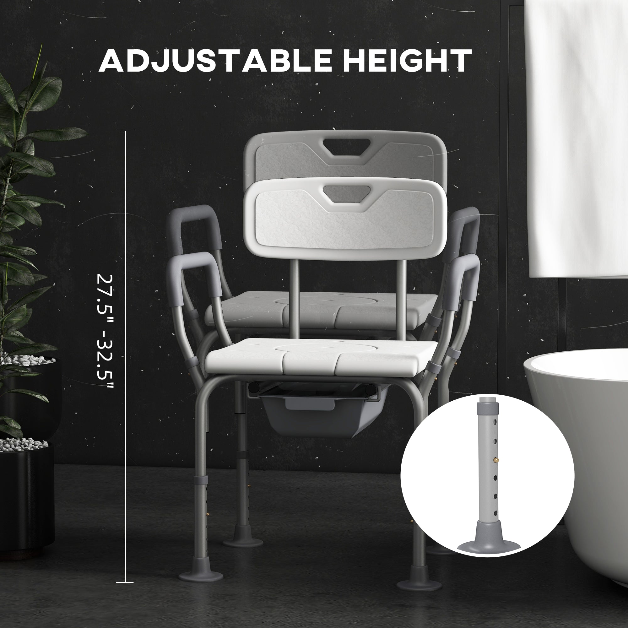 HOMCOM 3-in-1 Shower Chair with Back, Adjustable Bedside Commode, Raised Toilet Seat w/ Rubber Foot Pad for Seniors, Disabled 