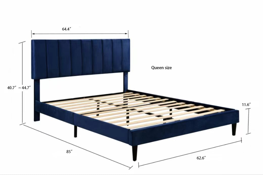 Bella Studio Clare Glam and Luxe Velvet Tufted Queen Bed with Channel Tufted Headboard, Navy 