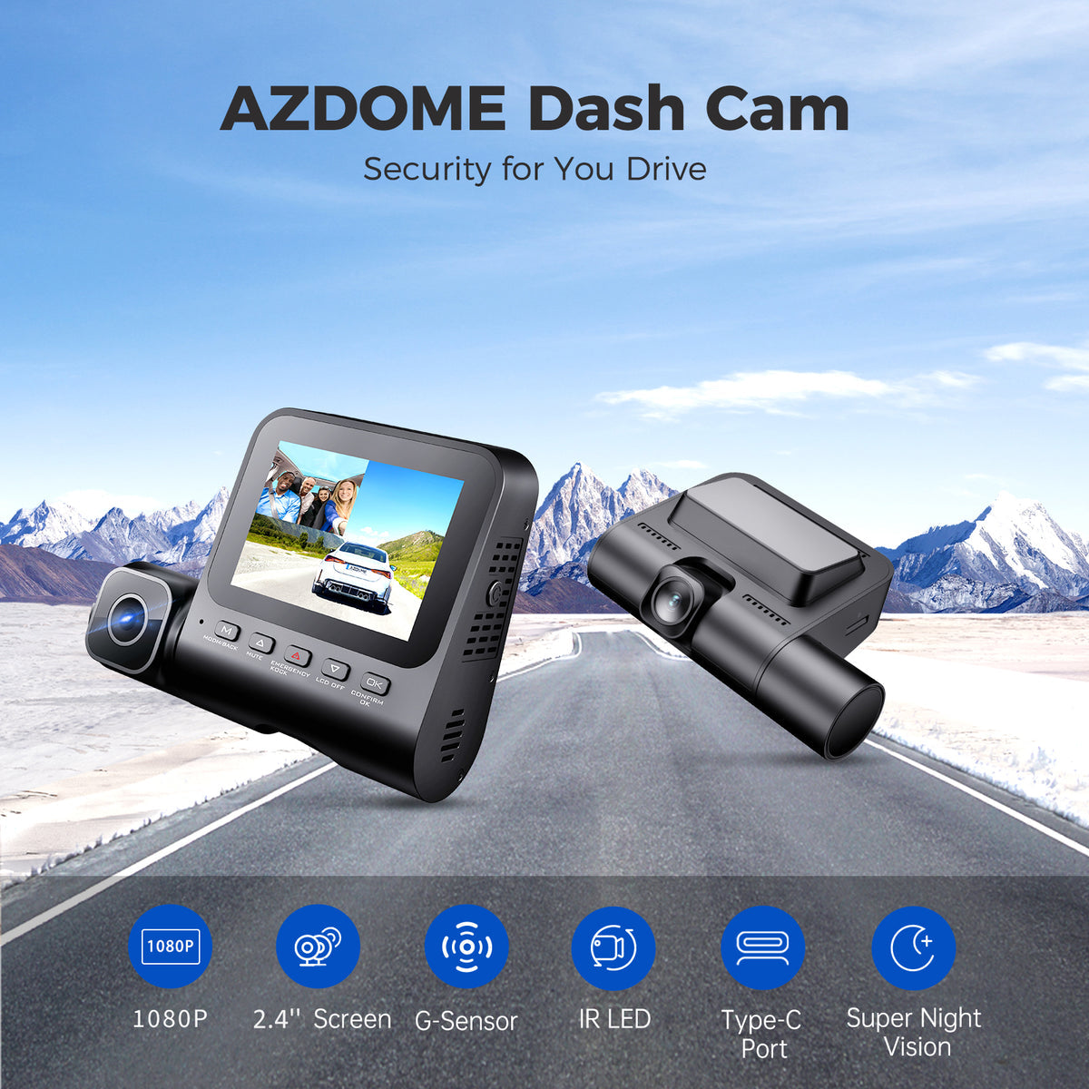 AZDOME Dash Cam V600 2.4" Screen 2x1080P+480P Car Camera G-Sensor Super Night Vision Car DVR 24H Parking Mode Support Rear Cam 