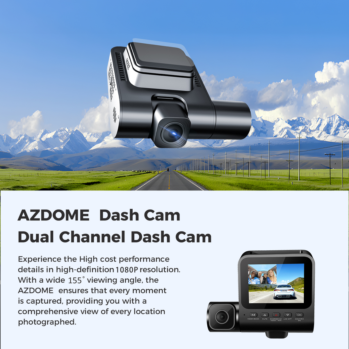 AZDOME Dash Cam V600 2.4" Screen 2x1080P+480P Car Camera G-Sensor Super Night Vision Car DVR 24H Parking Mode Support Rear Cam 