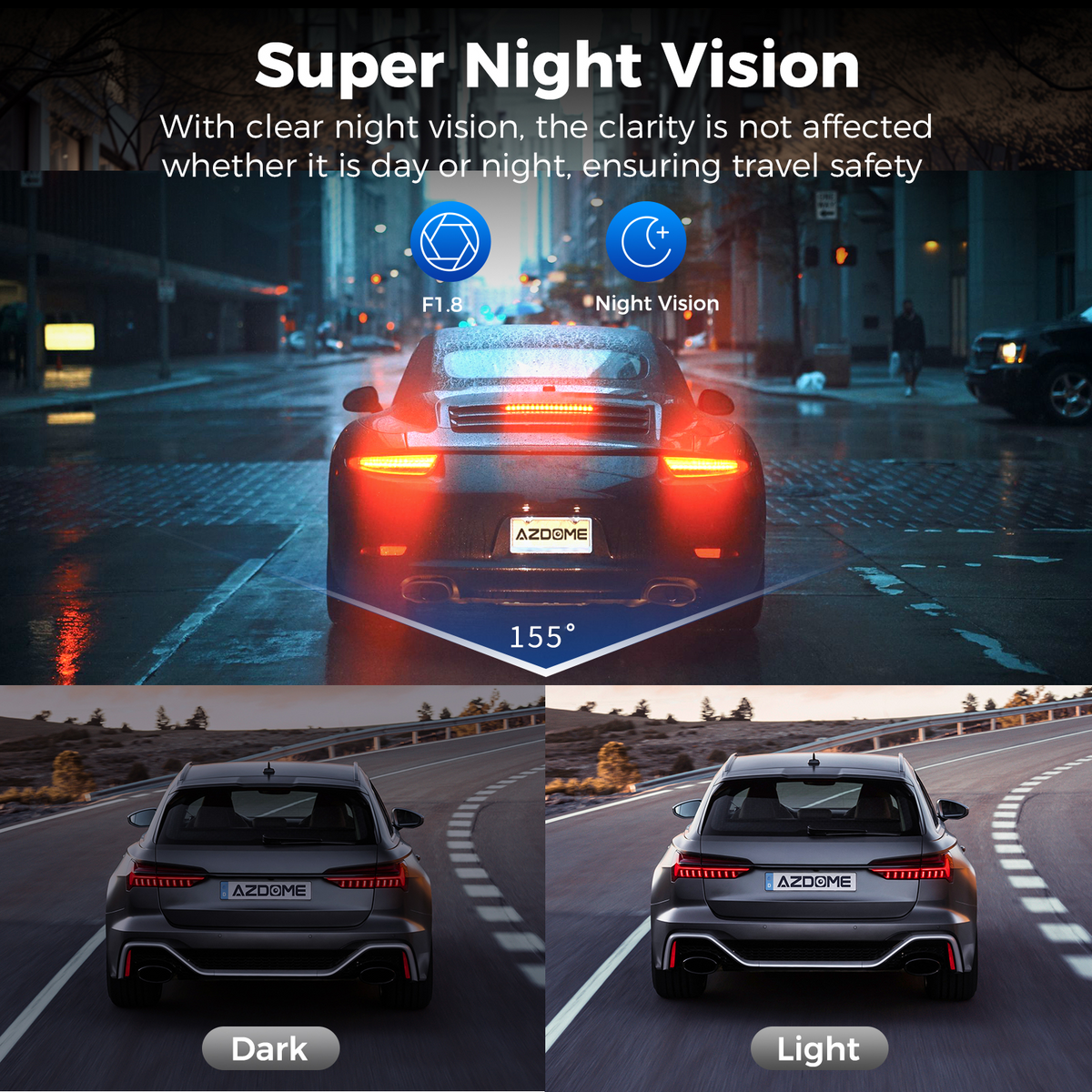 AZDOME Dash Cam V600 2.4" Screen 2x1080P+480P Car Camera G-Sensor Super Night Vision Car DVR 24H Parking Mode Support Rear Cam 