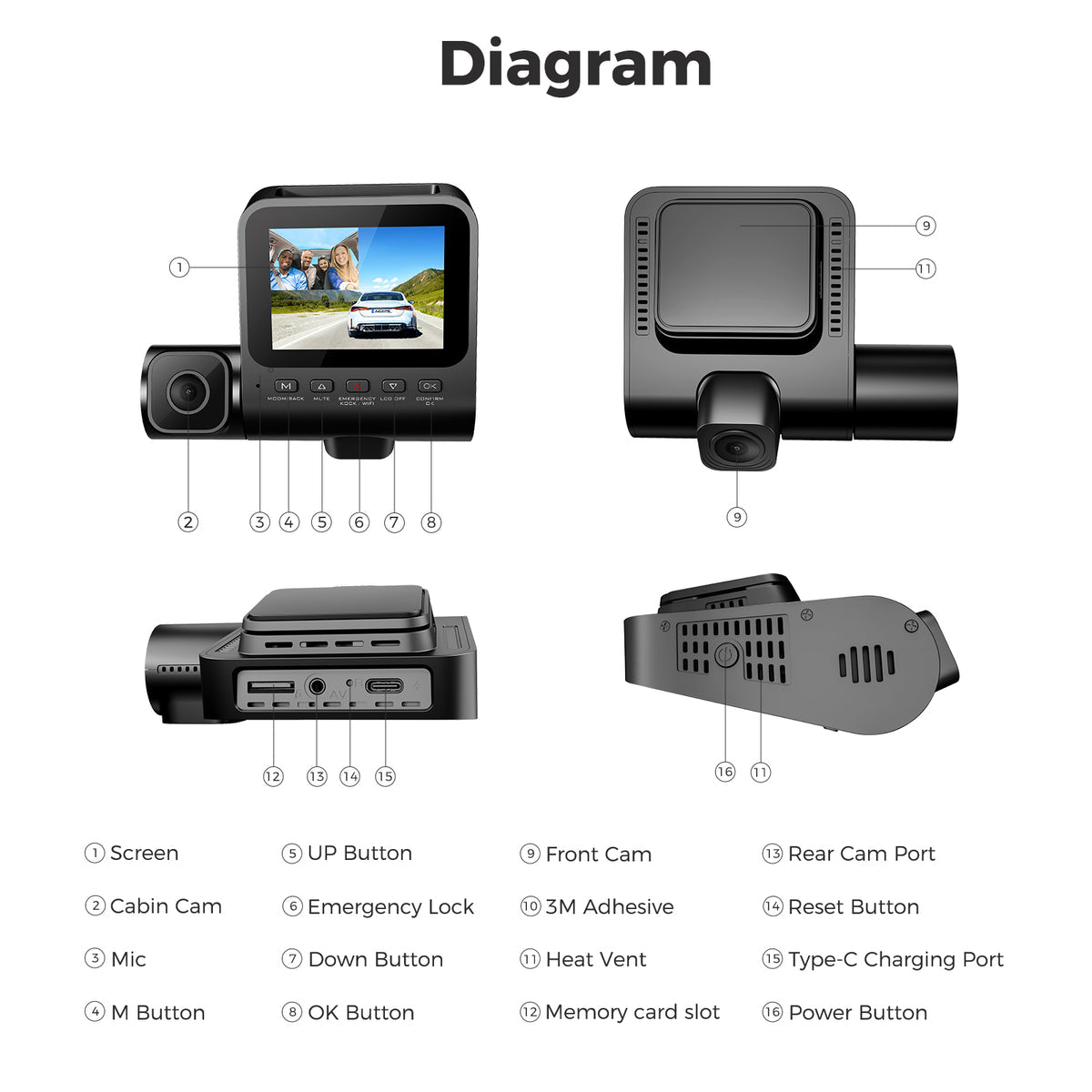 AZDOME Dash Cam V600 2.4" Screen 2x1080P+480P Car Camera G-Sensor Super Night Vision Car DVR 24H Parking Mode Support Rear Cam 