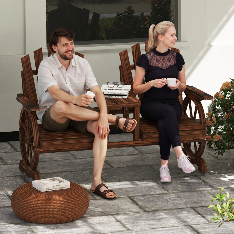 Wooden Outdoor Loveseat, Wagon Wheel Outdoor Bench with Table, Carbonized