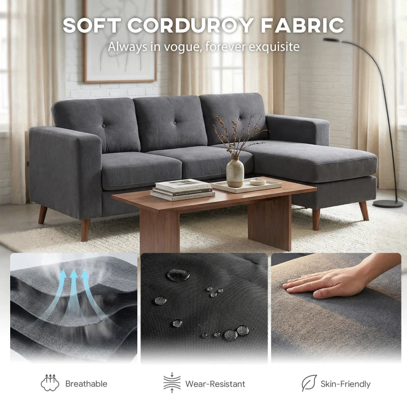 Sectional Sofa with Changeable Chaise Lounge, 3 Seat L-Shaped Small Space Sofa, Upholstered Couch for Small Space, Dark Grey