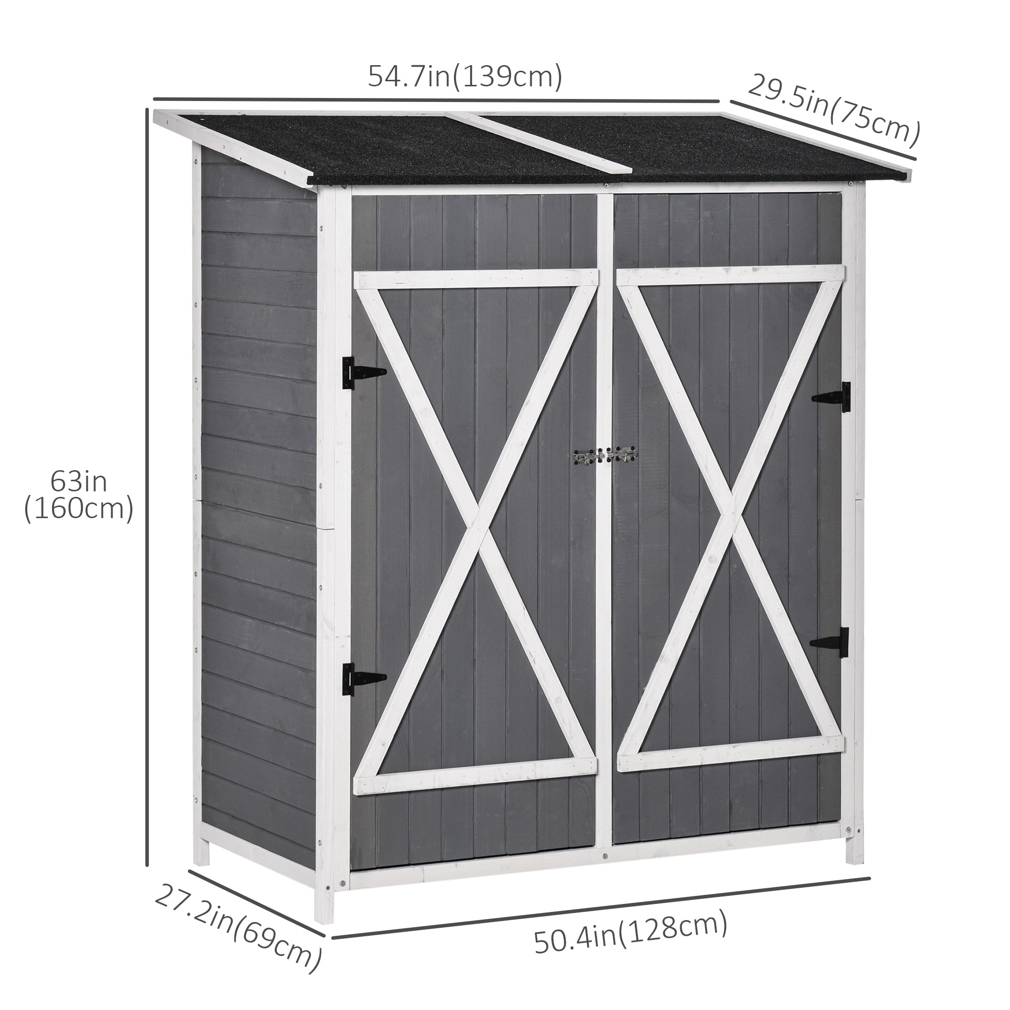Outsunny 54.75''x29.5''x63'' Garden Storage Shed Asphalt Roof Wooden Timber Double Door Utility Storage House w/ Movable Shelf 