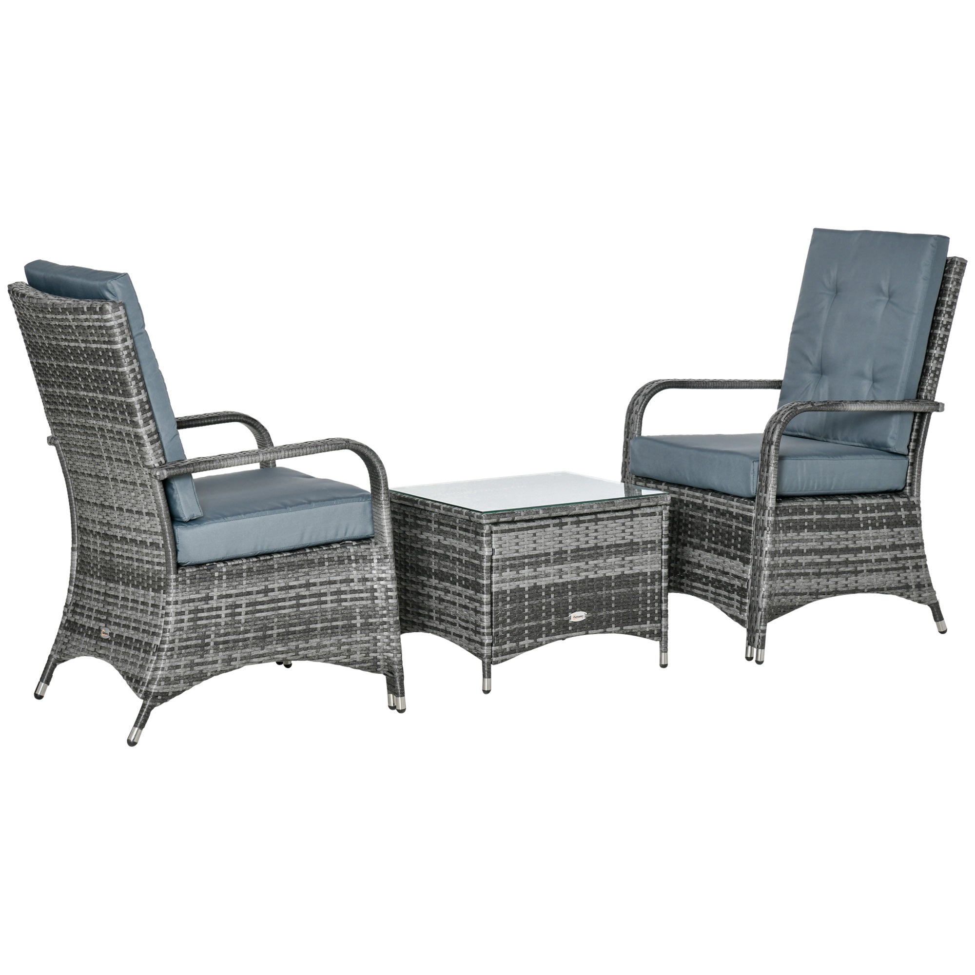 Outsunny 3 Piece Outdoor PE Rattan Patio Furniture Set Bistro Set w/ Cushions, Tempered Glass Tabletop for Balcony, Pool, Grey 