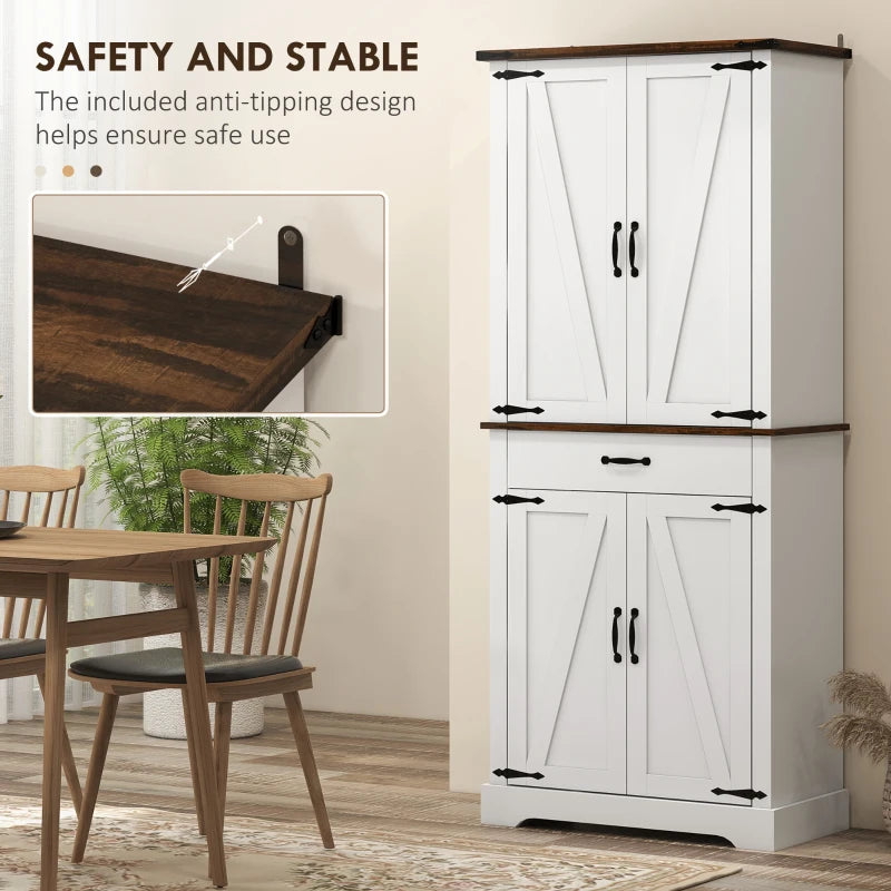 71" Tall Kitchen Cabinet, Farmhouse Pantry Cabinet with Barn Doors, Drawer and Adjustable Shelves, White