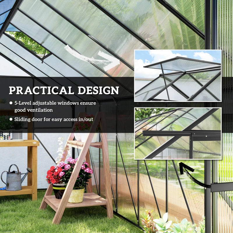 Aluminum Greenhouse Polycarbonate Walk-in Garden Greenhouse Kit with Rain Gutter and Sliding Door, 16' x 8', Dark Grey