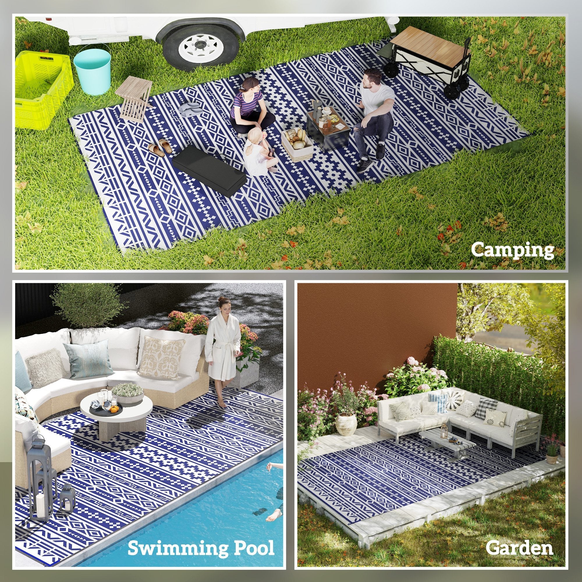 Outsunny 9' x 18' Outdoor RV Rug, Reversible Patio Floor Mat with Carry Bag, Geometric Wall, Blue and White 