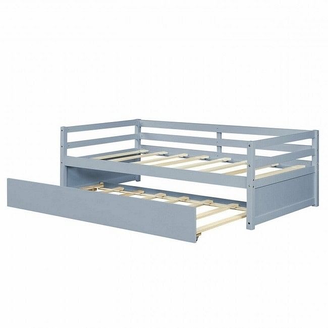 Twin/Twin Dorm Style Trundle Daybed Platform Bed Frame in Grey - Free Shipping