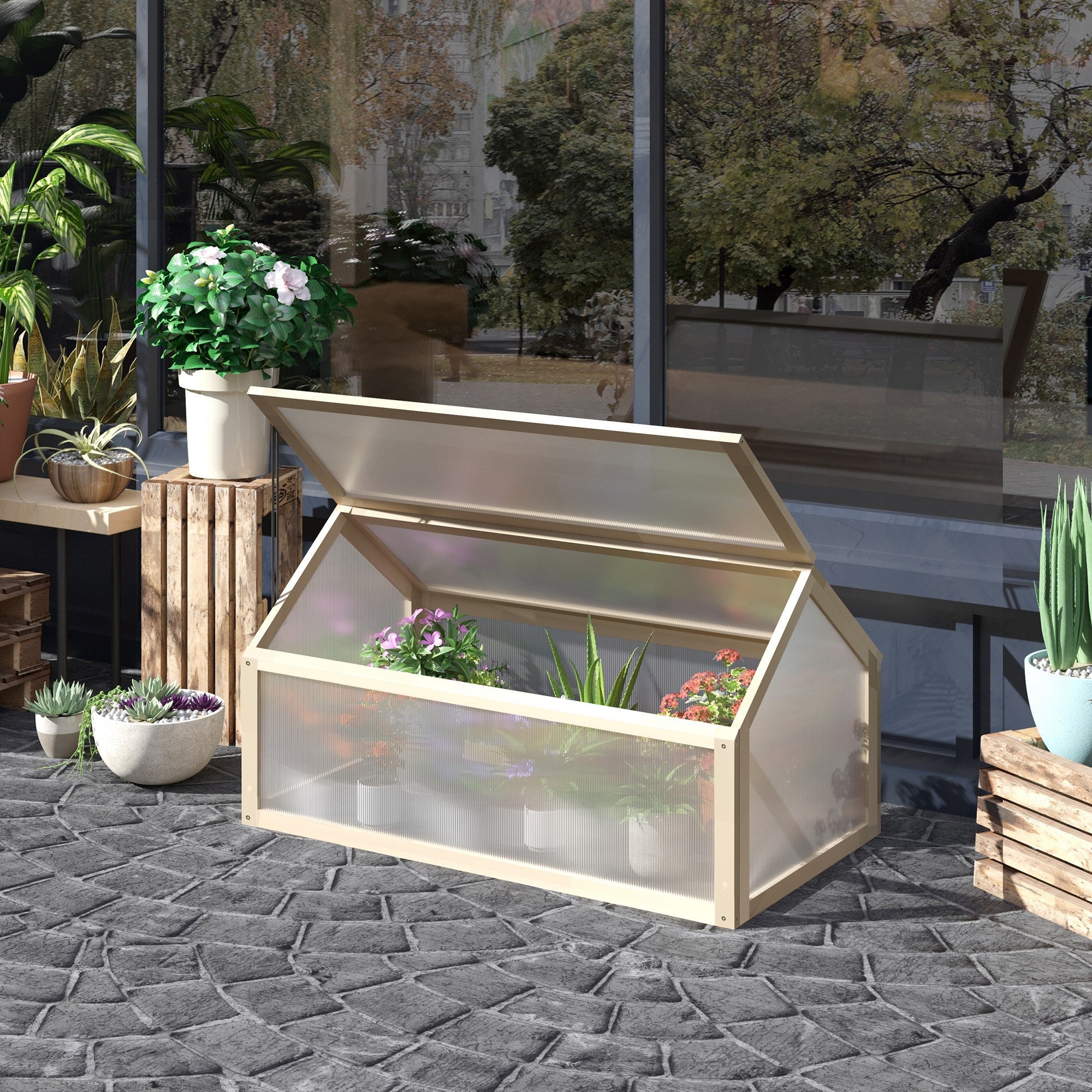 Outsunny Wooden Cold Frame Greenhouse Garden Portable Raised Planter with Openable Top for Indoor, Outdoor, Flowers, Vegetables, Plants, 35.5" x 20.5" x 19.5", Natural Wood 