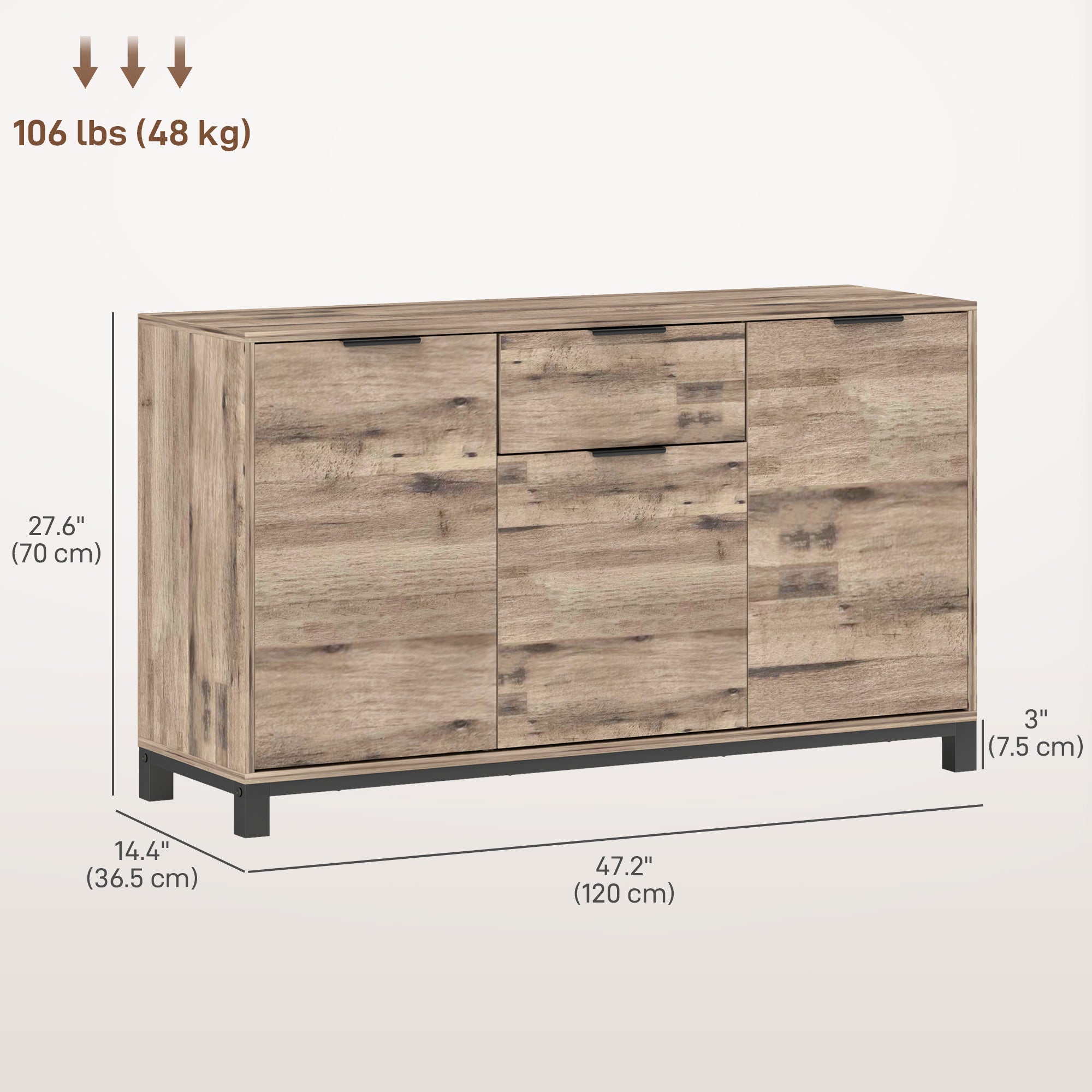HOMCOM 47" Buffet Cabinet, Industrial Sideboard with 3 Doors, Drawer, 2 Adjustable Shelves for Living Room, Brown Wood Grain 