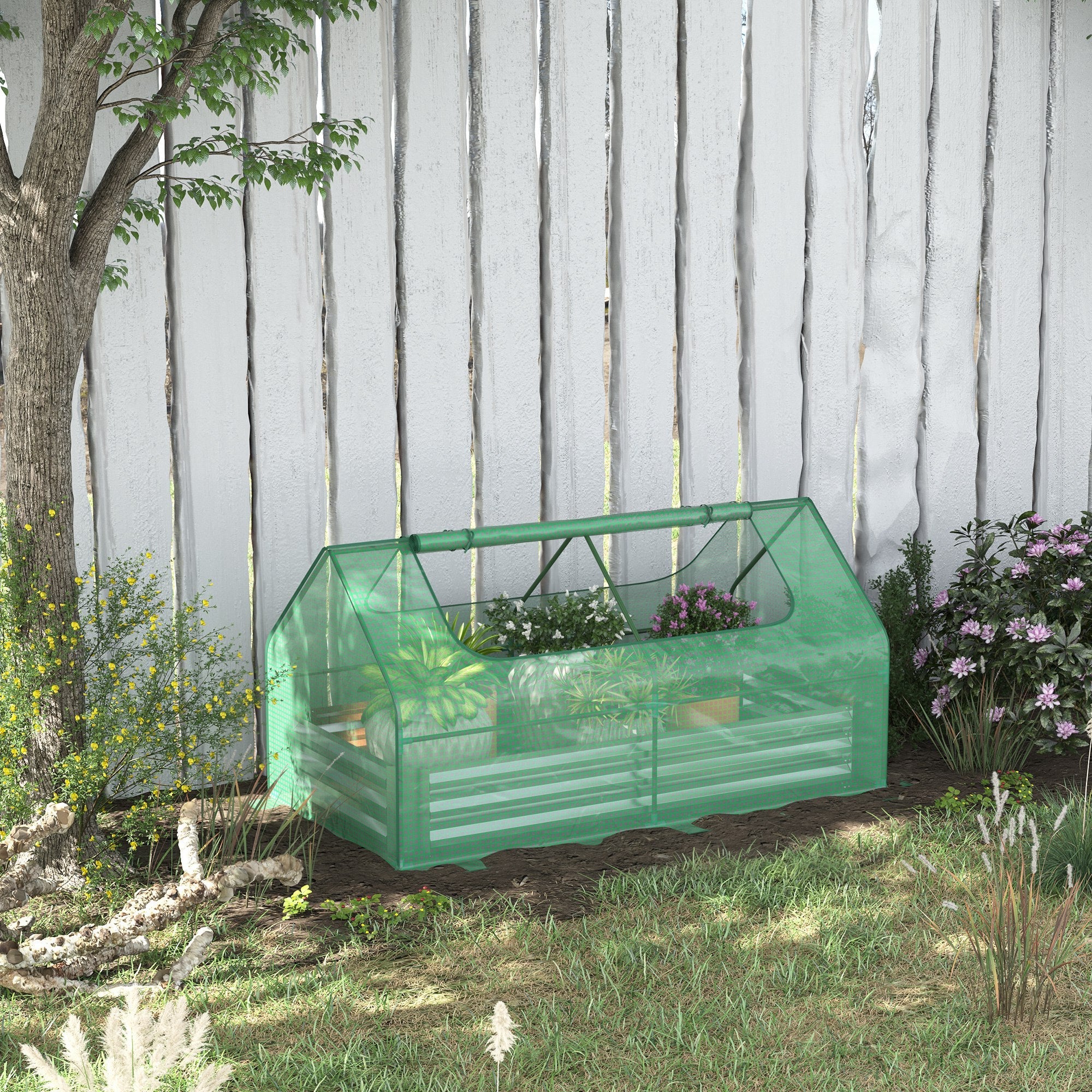 Outsunny Greenhouse with Raised Planter: Steel Garden Bed, Plastic Cover, Roll-Up Window, Green 