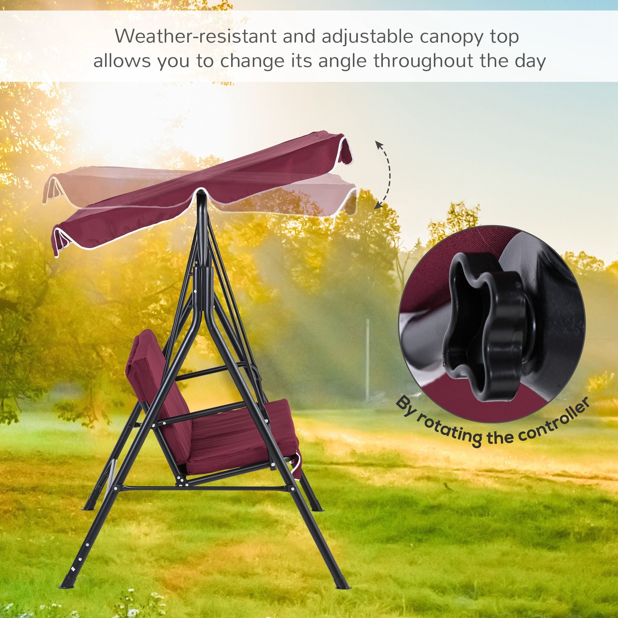 Outsunny Meatal 3-Seater Outdoor Porch Swing with Stand Cushioned Garden Lounger Patio Hammock with Frame and Canopy, Wine Red 