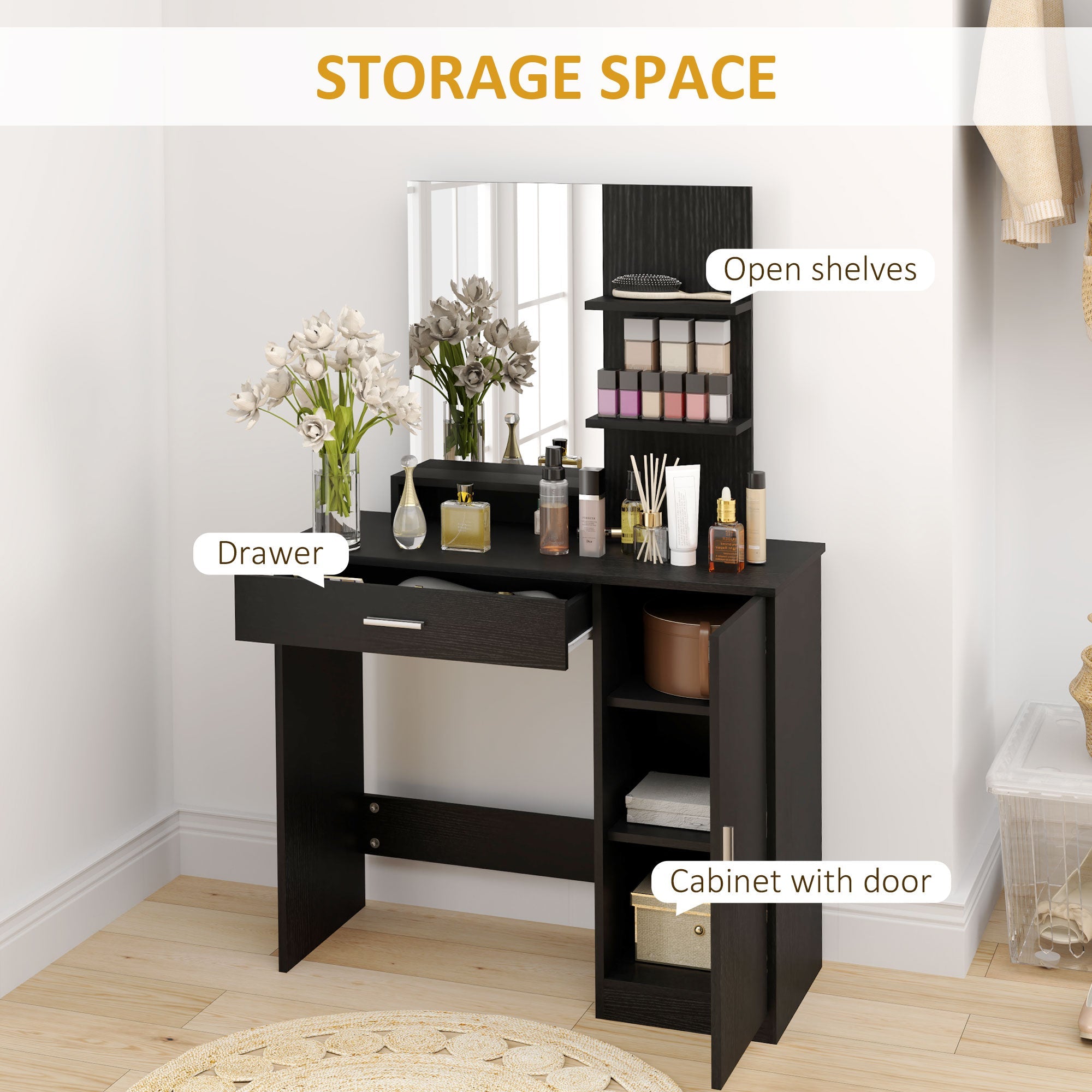 HOMCOM Dressing Table, Vanity Table with Mirror, Drawer and Storage Shelves for Bedroom, 35.4" x 15" x 54.3", Black 