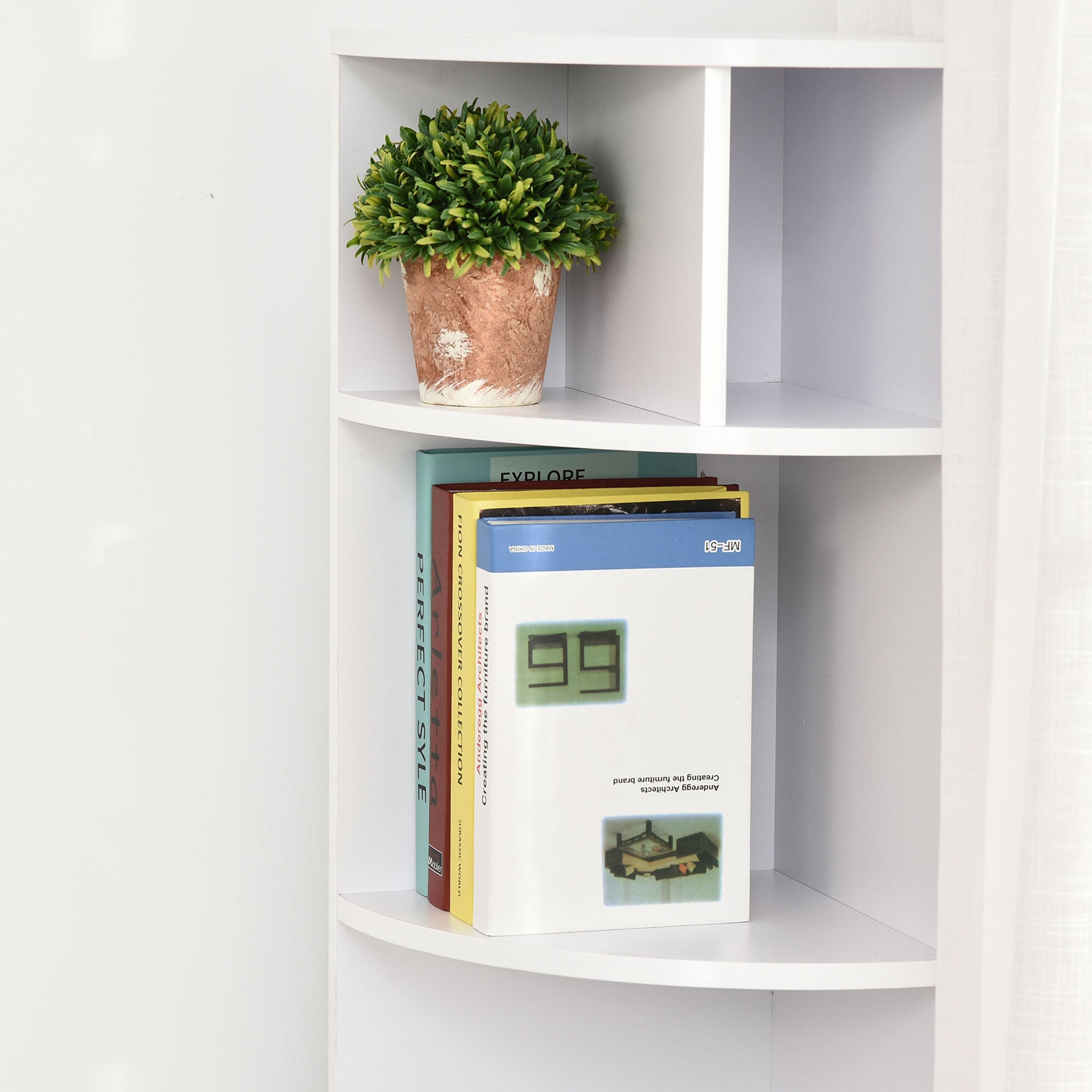 HOMCOM Corner Convenience: 5-Tier Bookshelf with Storage Cupboard Door Organizer for Home Office, White Finish 