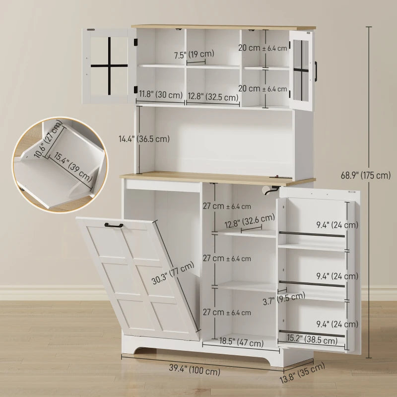 Kitchen Pantry Cabinet with Charging Station, 7 Gallon Trash Can Cabinet, Adjustable Shelves and Acrylic Doors, Multifunctional Cabinet, White