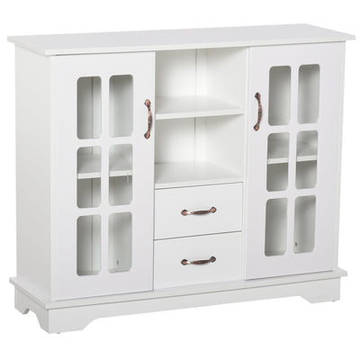 HOMCOM Elegant Buffet Bliss: Kitchen Sideboard with 2 Drawers, Glass Doors for Coffee Bar Storage, White Finish 
