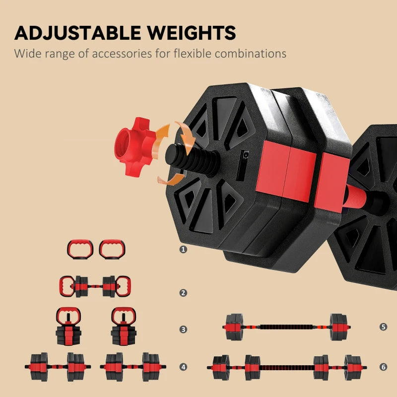 6-in-1 Adjustable Dumbbell Set, 44 lb Free Weights with Kettlebell, Barbell & Push-Up Stand – Red