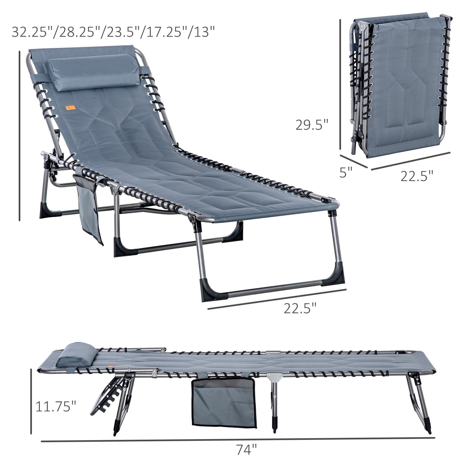 Outsunny Folding Chaise Lounge Chair Outdoor Padded Recliner 5-Position Adjustable Backrest Pillow Pocket Grey 