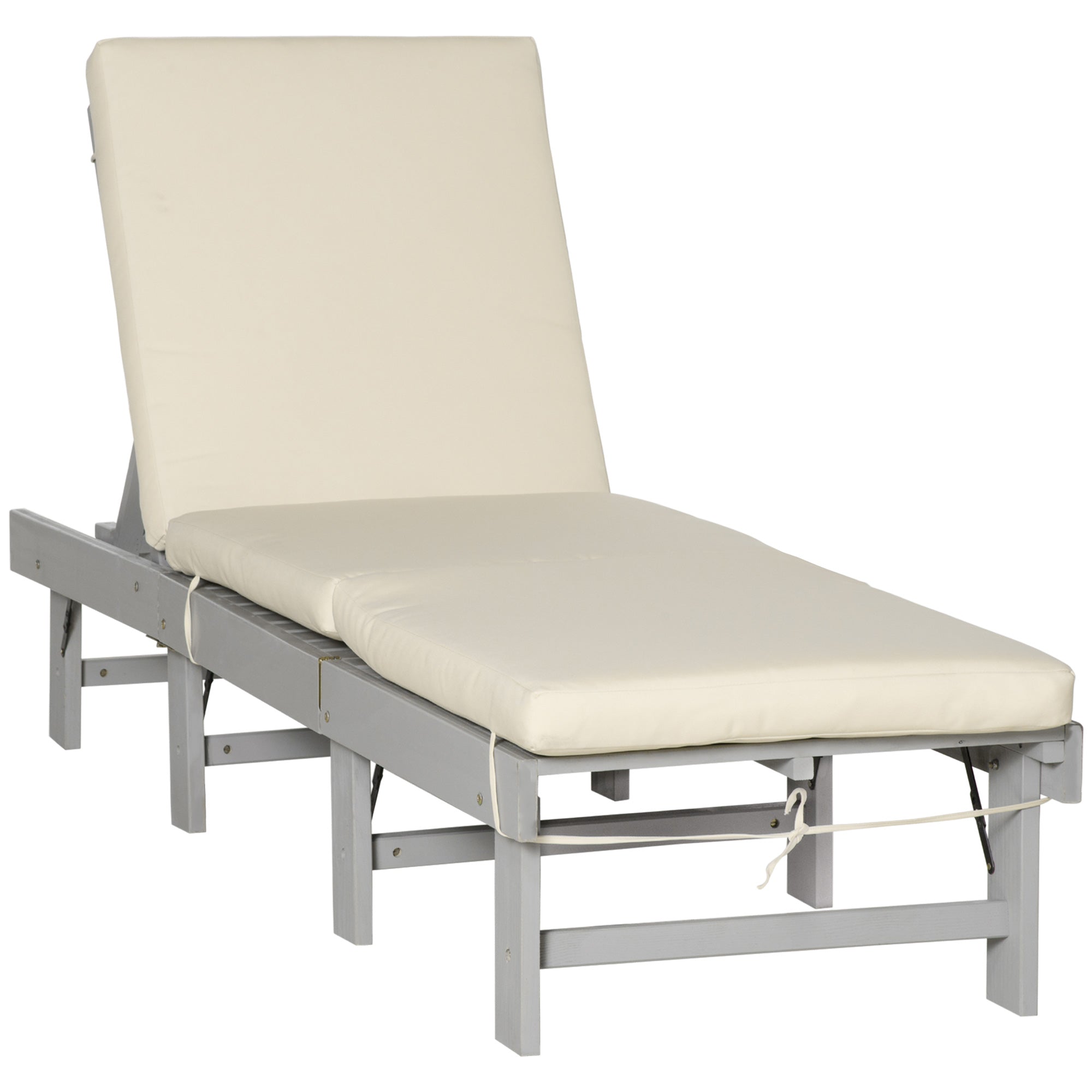 Outsunny Outdoor Sun Lounger Wooden Garden Reclining Chair 4 Adjustable Back Soft Cushion Light Grey 