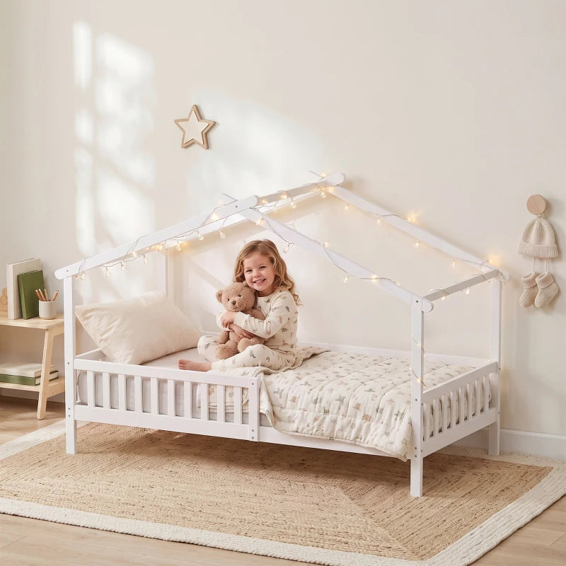 Twin House Bed Frame with Roof, Solid Wood Montessori-Style Kids Bed with Guardrails – White