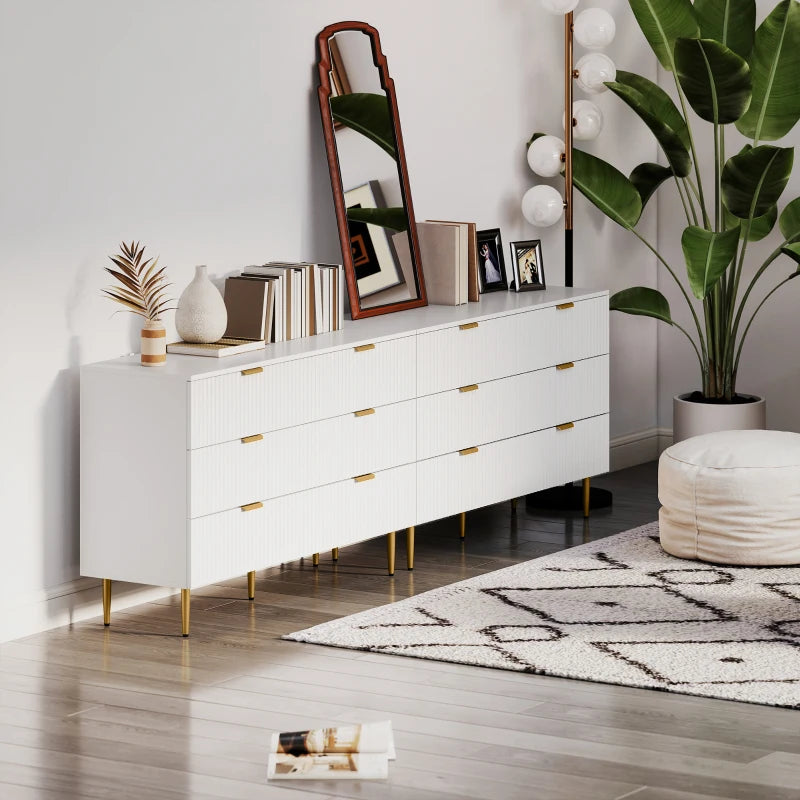 Modern Chest of Drawers 6 Drawer Dresser for Bedroom with Gold Legs and Handles, White