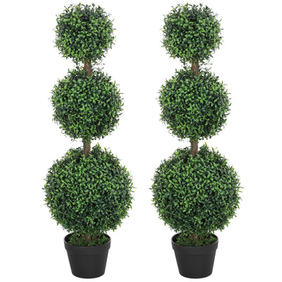 HOMCOM 2 Pack 39.4" Artificial Trees, Boxwood Topiary Ball Trees with Pot for Indoor, Outdoor, Home Office, Living Room, Green 