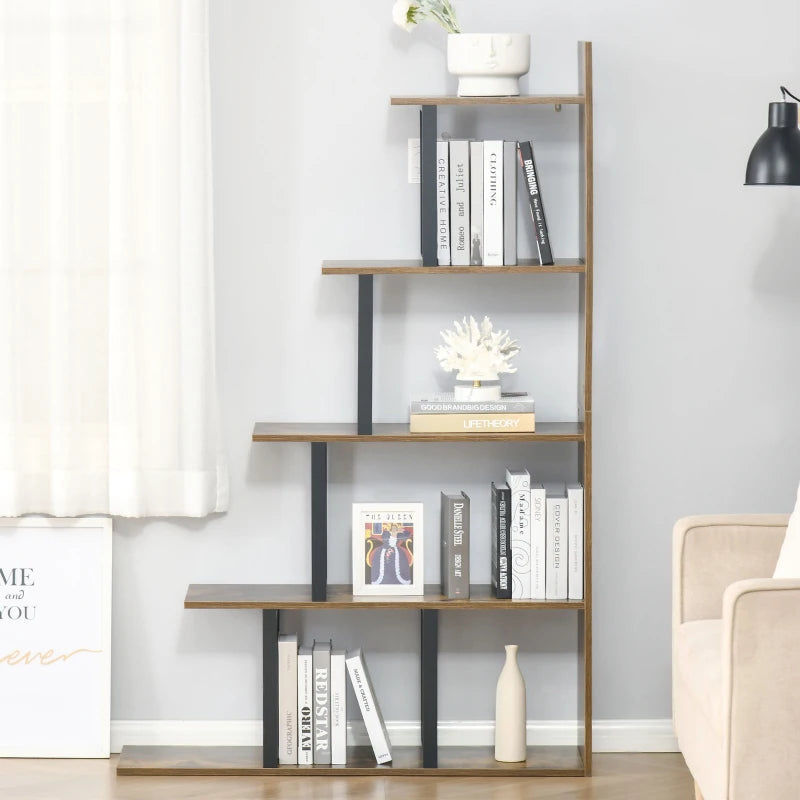 5-Tier Ladder Bookshelf, Wooden Ladder Bookshelf, Display Stand Organizer for Living Room Indoor Corner Shelf - Rustic Brown